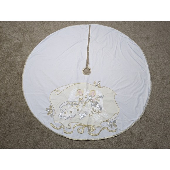 House of Hatten Appliquéd Satin Angels Christmas Tree‎ Skirt 58" Round Vintage - Picture 2 of 15